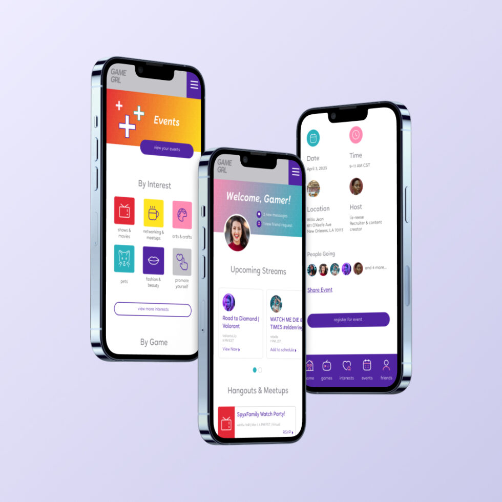 App and web design for GAME GRL female gamer community
