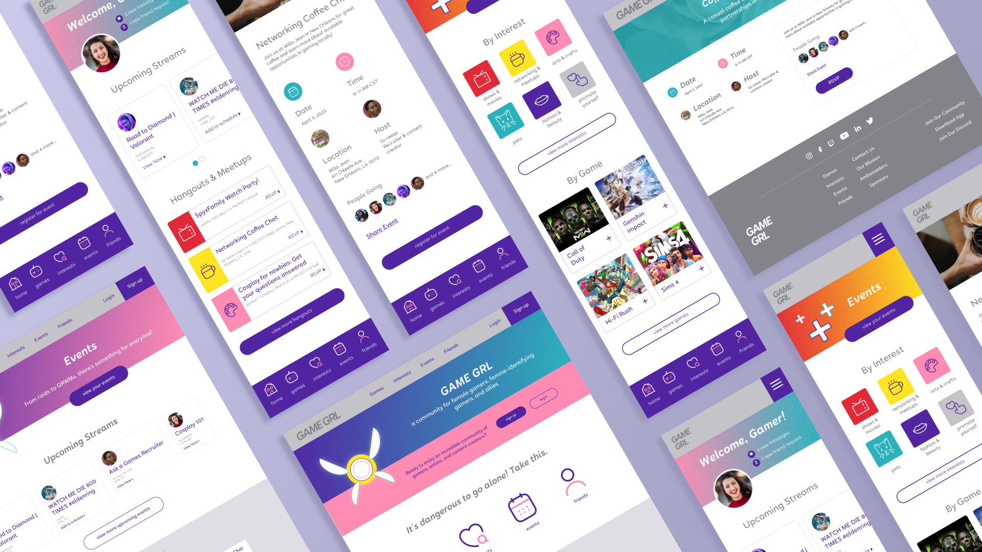 Isometric screens for the GAME GRL community app and website